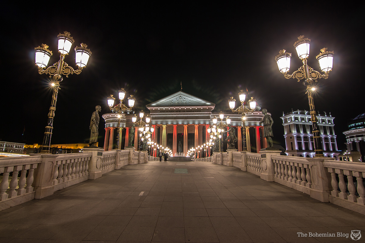 Looking across the Bridge of Civilisations in Macedonia, towards the Museum of Archaeology. Skopje.