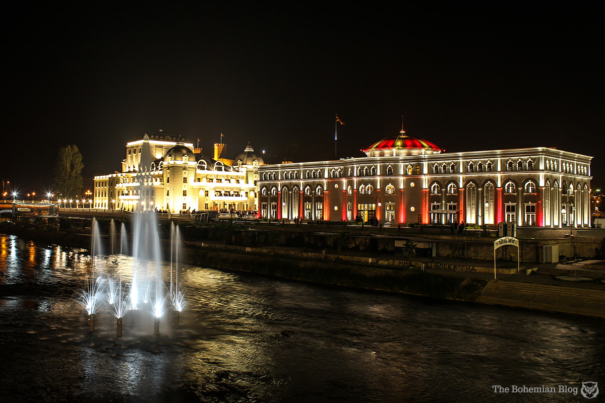 The Macedonian National Theatre and the Museum of the Macedonian Struggle, seen from the far bank of the River Vardar.