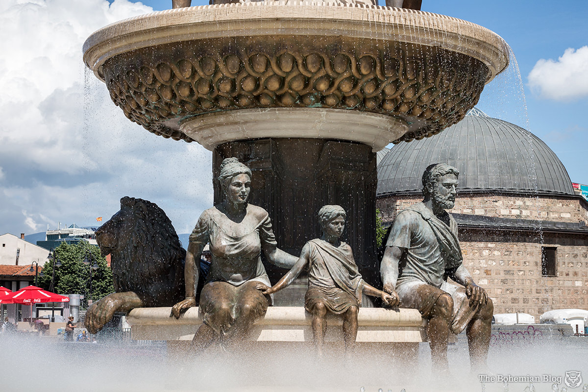 Detail of 'The Warrior' fountain, Skopje. Below: Glue-fixed panels beginning to come un-stuck.