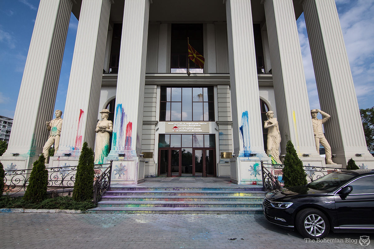 'The Ministry of Foreign Affairs of the Republic of Macedonia' (€19.9 million), freshly decorated by protesters. 