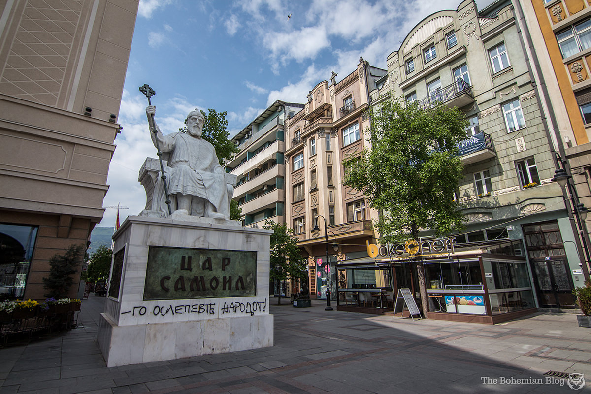 Monument to Tsar Samoil (Price: €1.4 million). The graffiti reads, "You blinded the people."