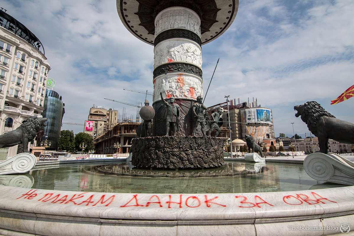 Graffiti on Skopje's 'Equestrian Warrior' fountain: "I Don't Pay Tax For This."