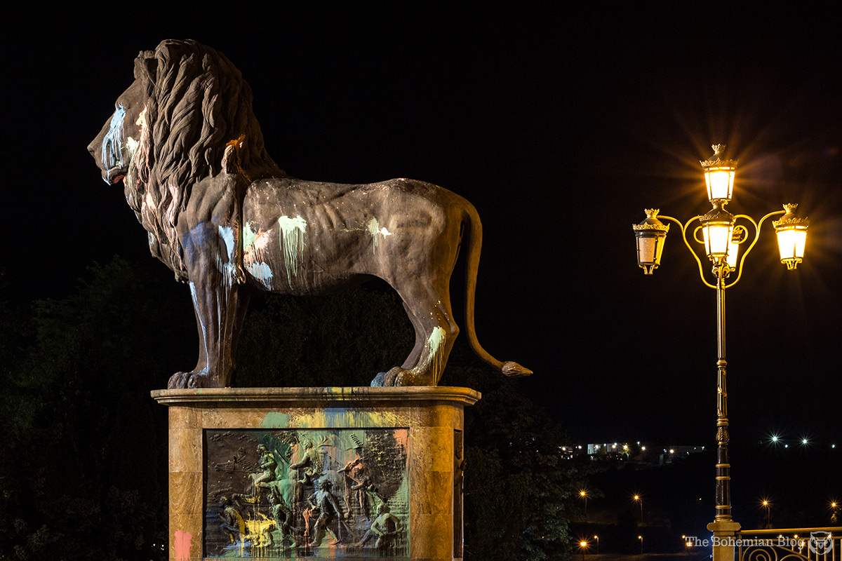 The lions on Gotse Delchev Bridge, Skopje: four more victims of Macedonia's 'Colourful Revolution.'