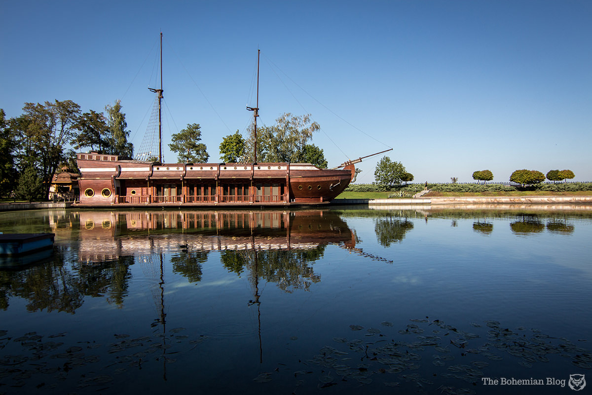 A replica galleon sits on an ornamental lake at the Mezhyhirya estate.