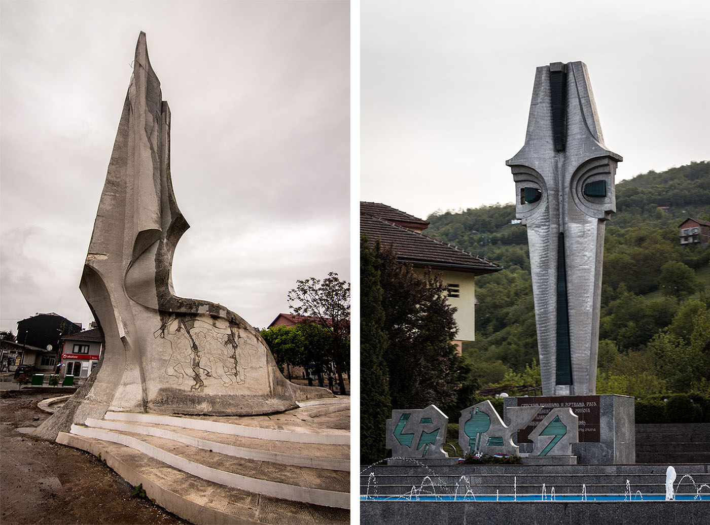 Left: Revolution Monument at Struga, Macedonia (Vojislav Vasiljević, 1974). Right: Monument to the Victims of War and the Foča Massacre, at Foča, Bosnia (Unknown architect, post-Yugoslav period).
