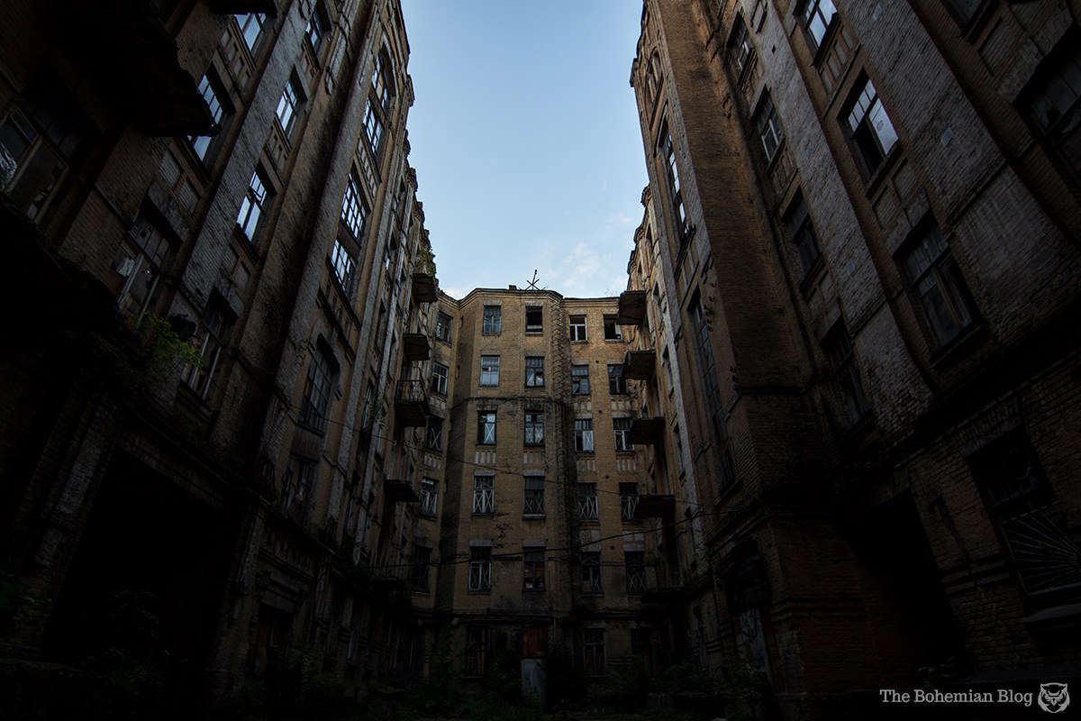 Derelict apartment block in the heart of Kyiv, Ukraine.