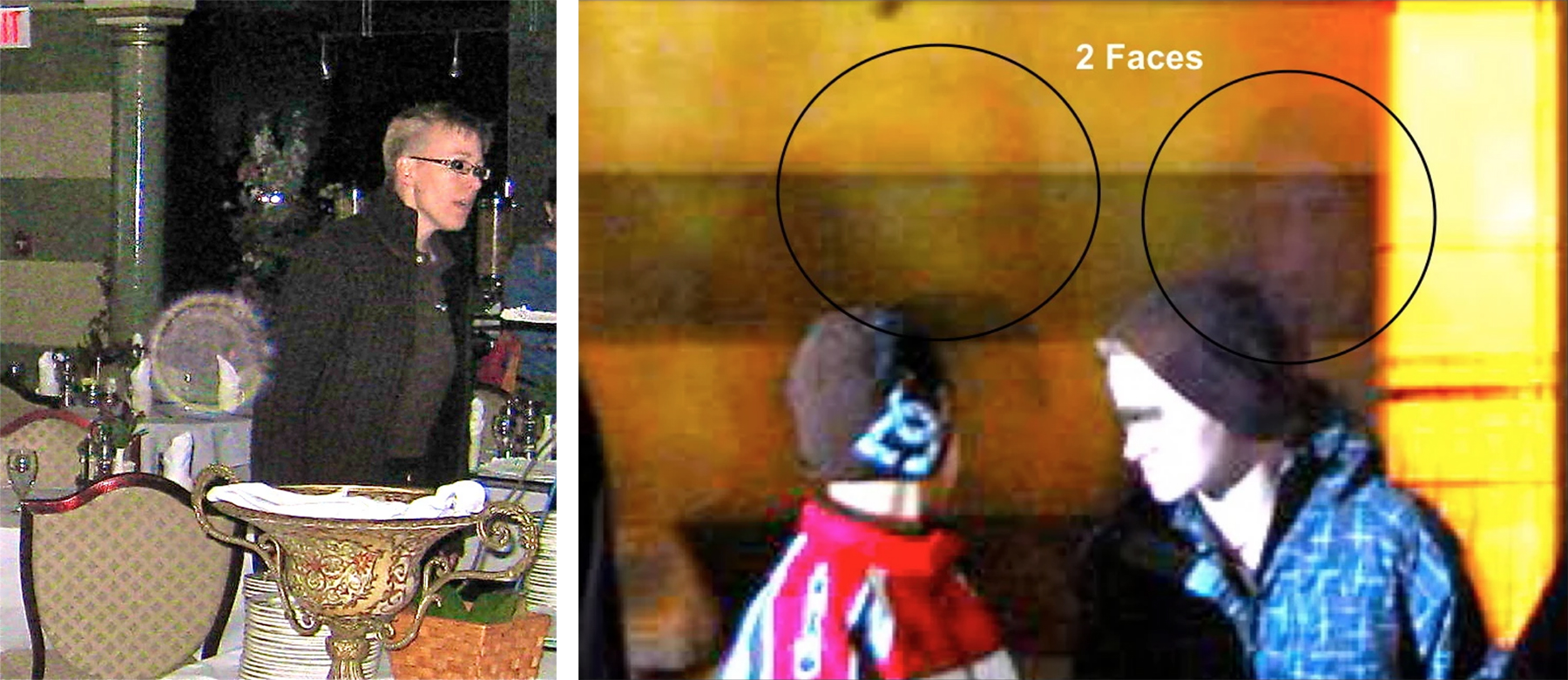 LEFT: An orb manifests in the Fort Garry. Possibly the 'phantom diner'? / RIGHT: Unsettling faces in the Broadway Room.