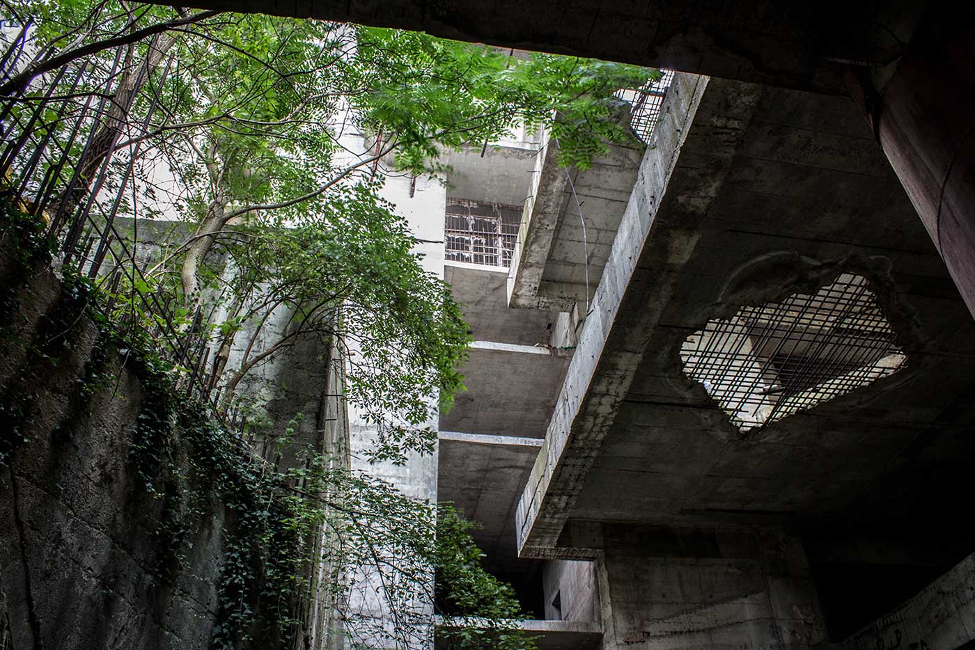 Plants have taken root in some of the airier regions of the complex, such as this open shaft adjacent to the House of Culture. Shumen, Bulgaria.