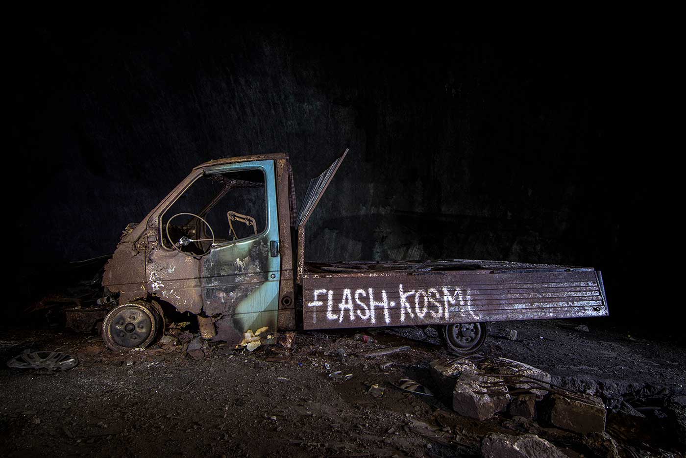 Burnt-out truck inside the former 'KLEK' complex. These 'Flash Kosmo' people seem to have been everywhere. Their tag appears on countless monuments and ruins throughout former Yugoslavia, and even at Buzludzha in Bulgaria.