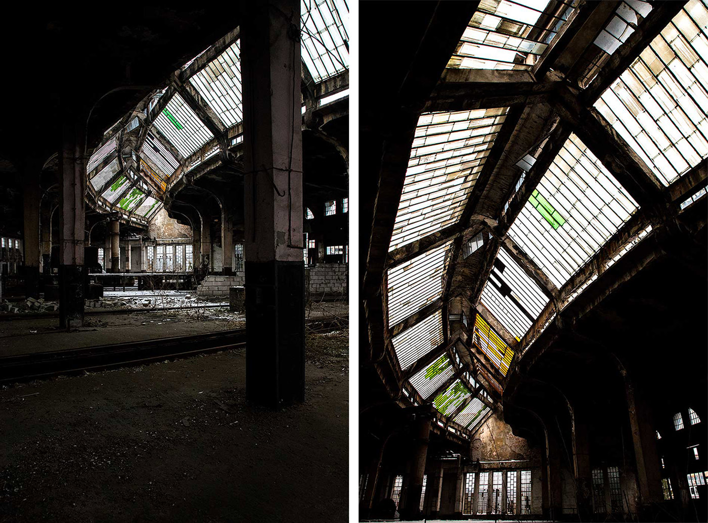 Two angles of the curved roof and coloured skylights inside the old train shed.
