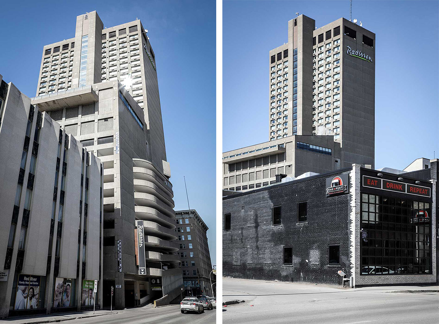 Radisson Hotel (formerly the Northstar Hotel) on Portage Ave, Winnipeg. Waisman Ross Blankstein Coop Gillmor Hanna (now Number Ten Architectural Group), 1971.