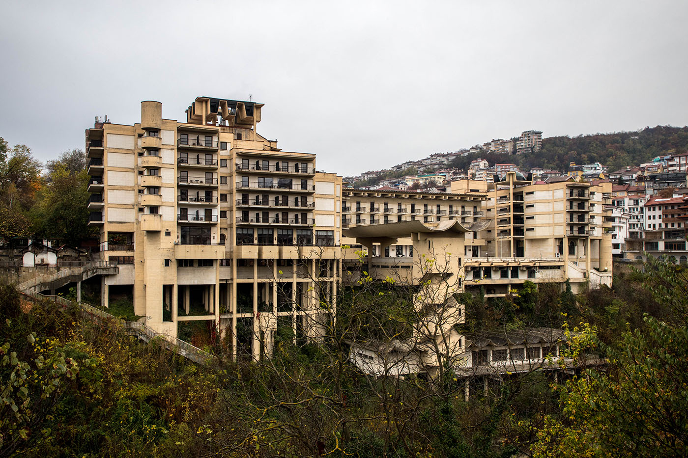 Interhotel Veliko Turnovo, view from across the river in November 2019.